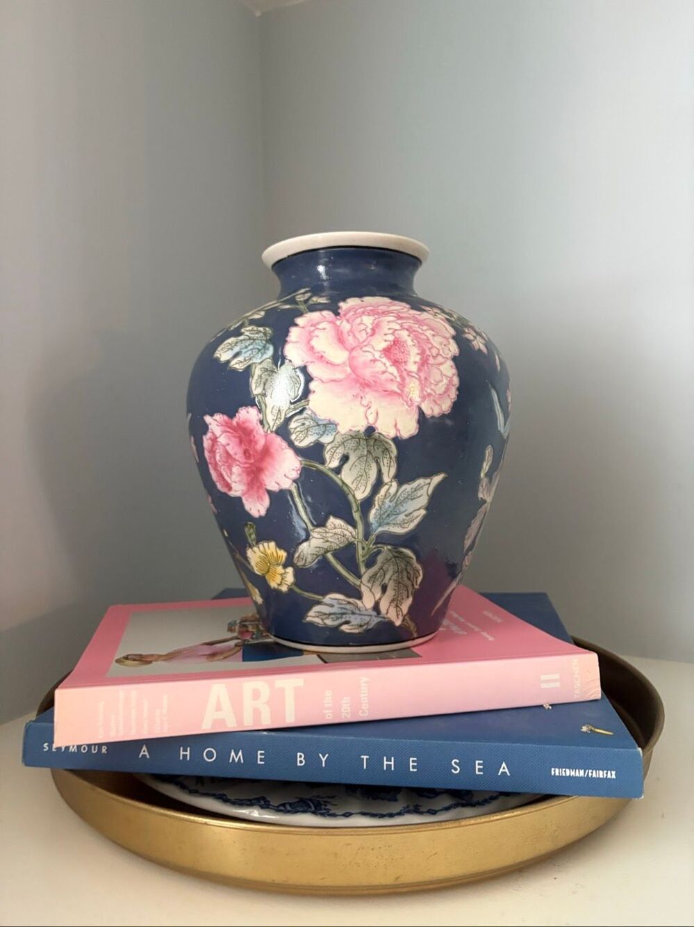 VTG Porcelain Rose Medallion Vase Blue Pink Peony Chinoiserie